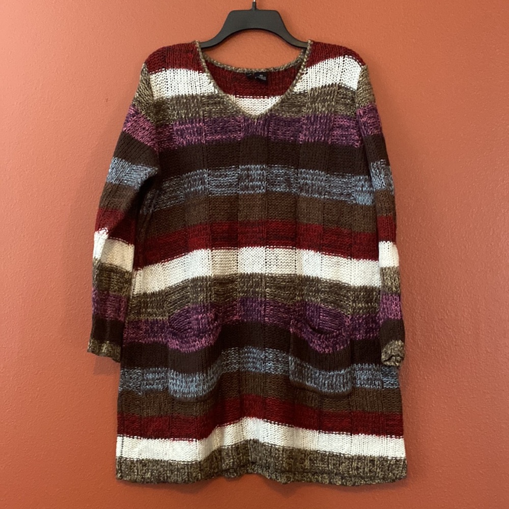 Colorful Knit Long Sweater V-Neck Pockets Medium